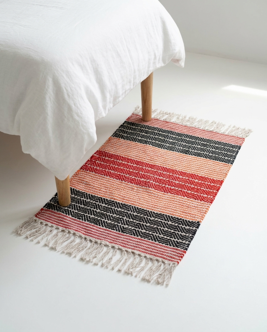 Meher rag rug in red colourway styled in a living room setting