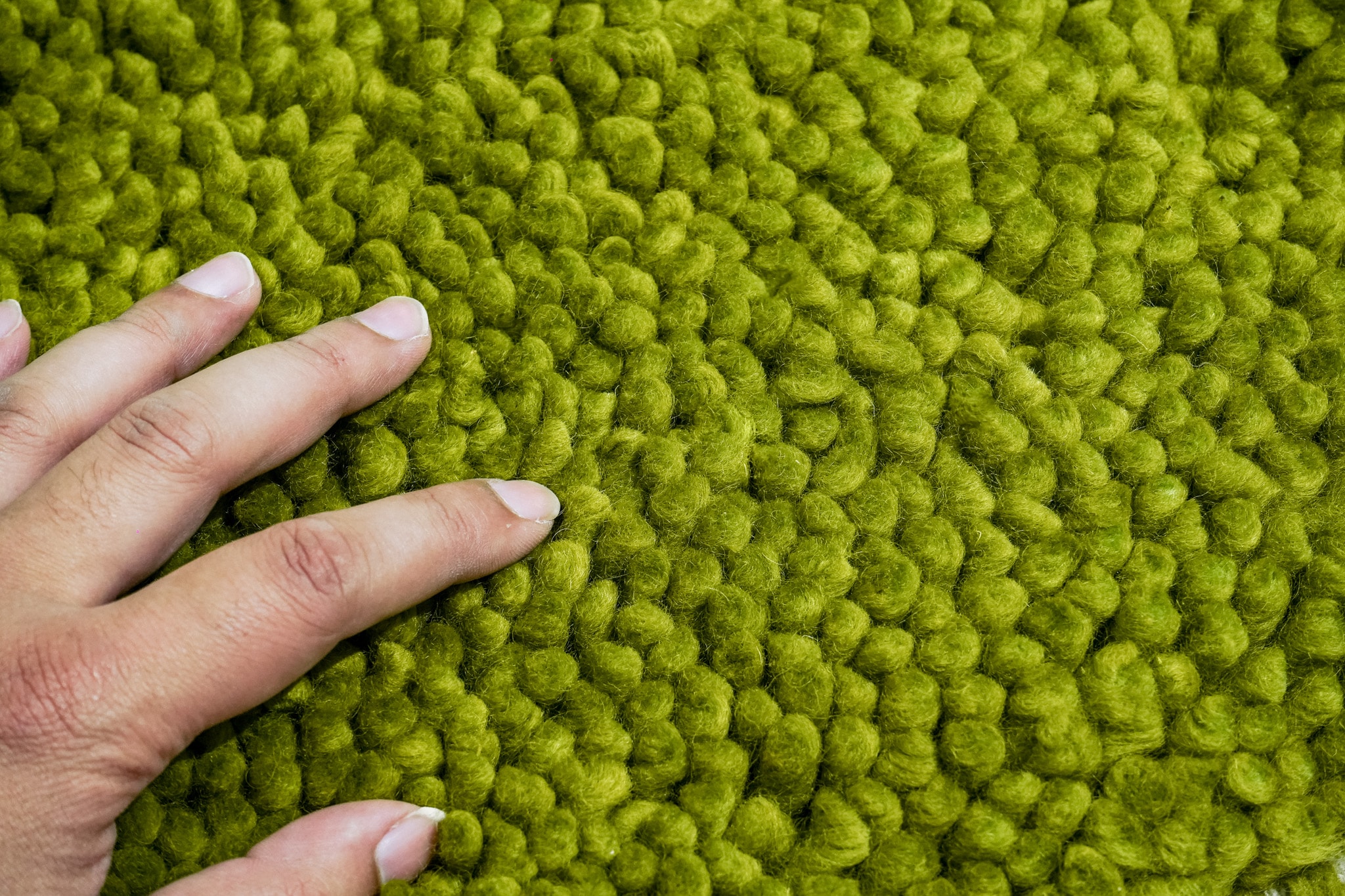 Boucle wool rug in green (AWD2613 GN) styled in a room