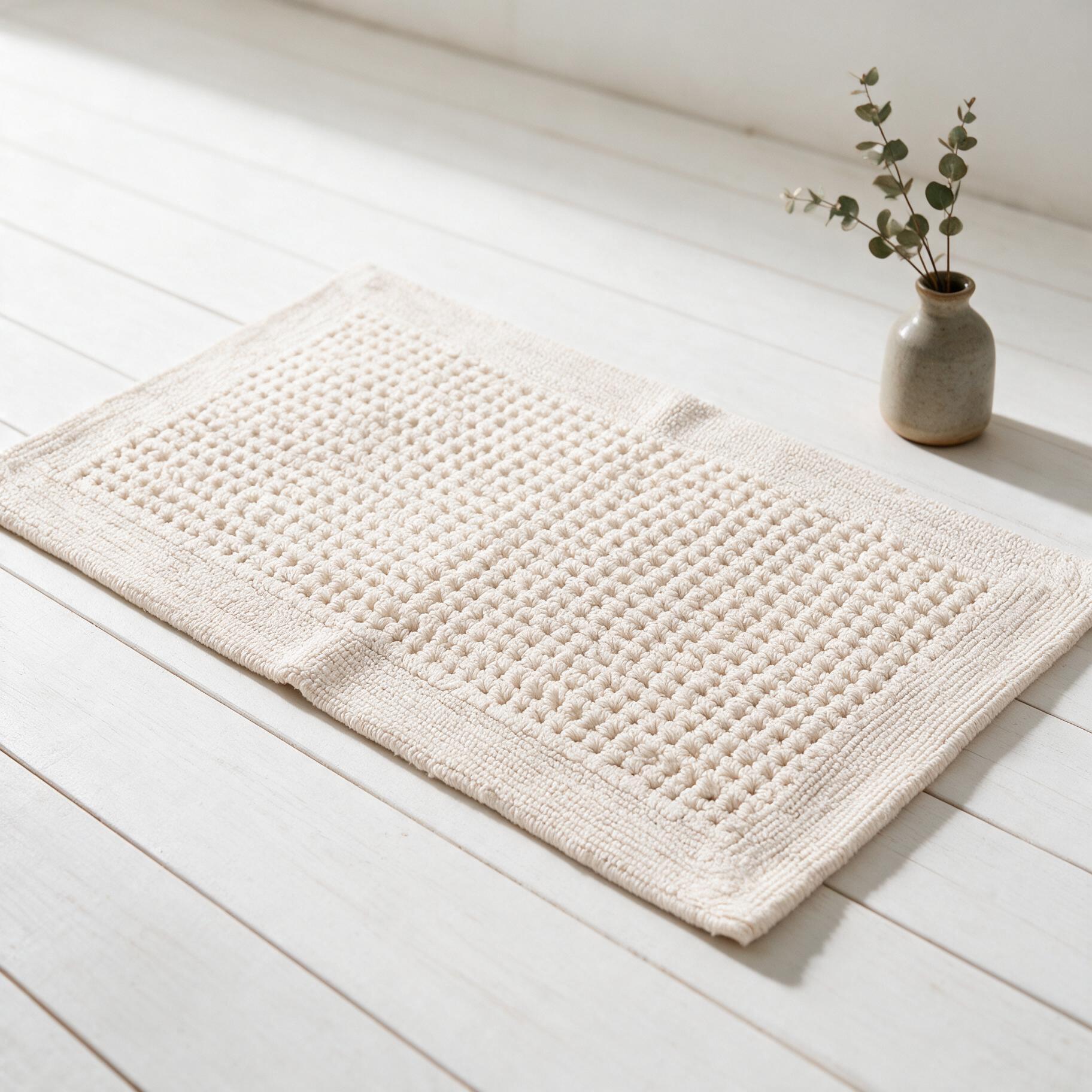 Lichen pattern cotton bath mat styled on a bathroom floor