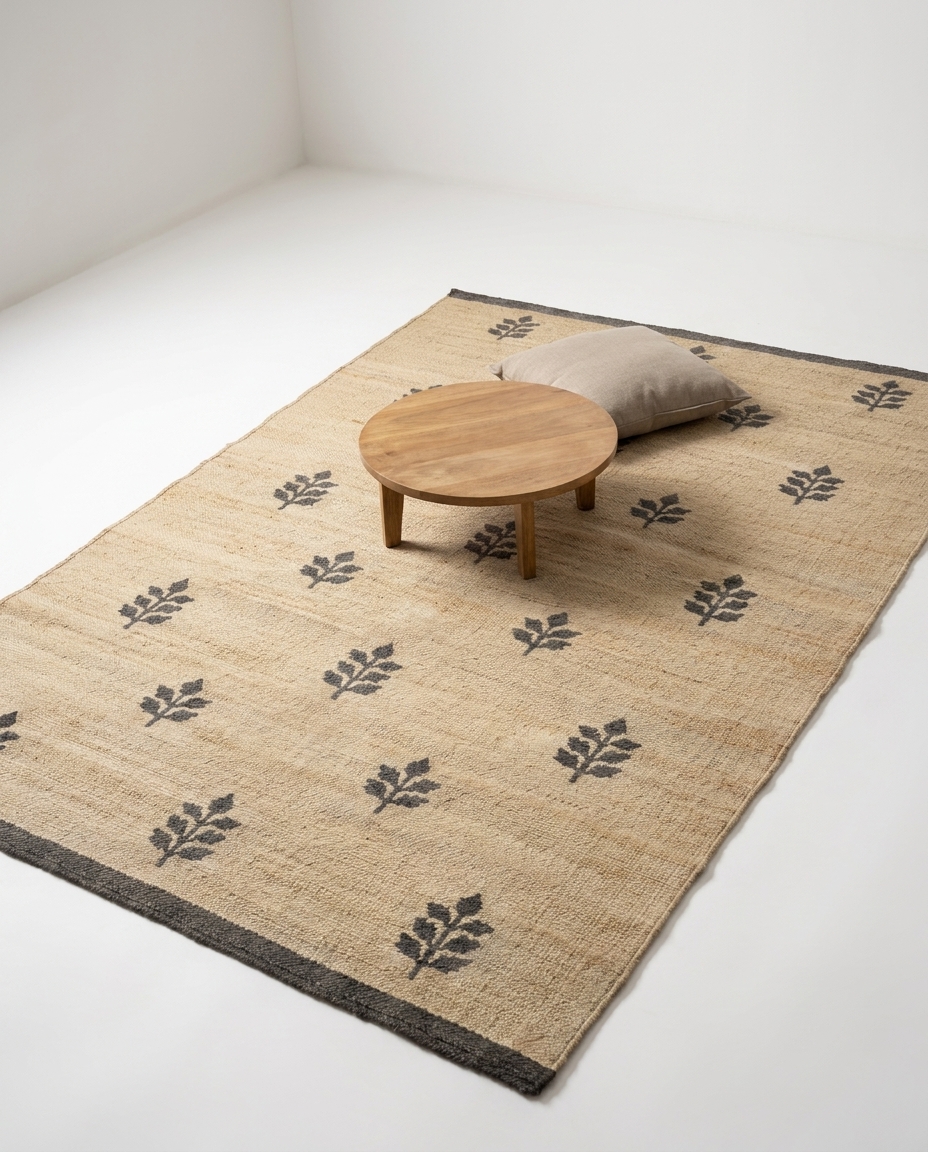 Scattered Floral Buti (AJD-26024) handwoven jute rug styled in a room