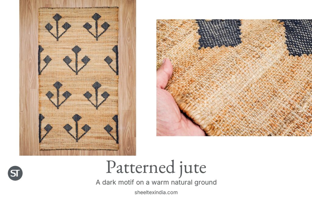 ST-branded paired photographs show the complete natural-coloured sample with dark three-stem motifs on wood and a close view of its weave.