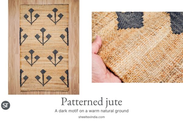 ST-branded paired photographs show the complete natural-coloured sample with dark three-stem motifs on wood and a close view of its weave.