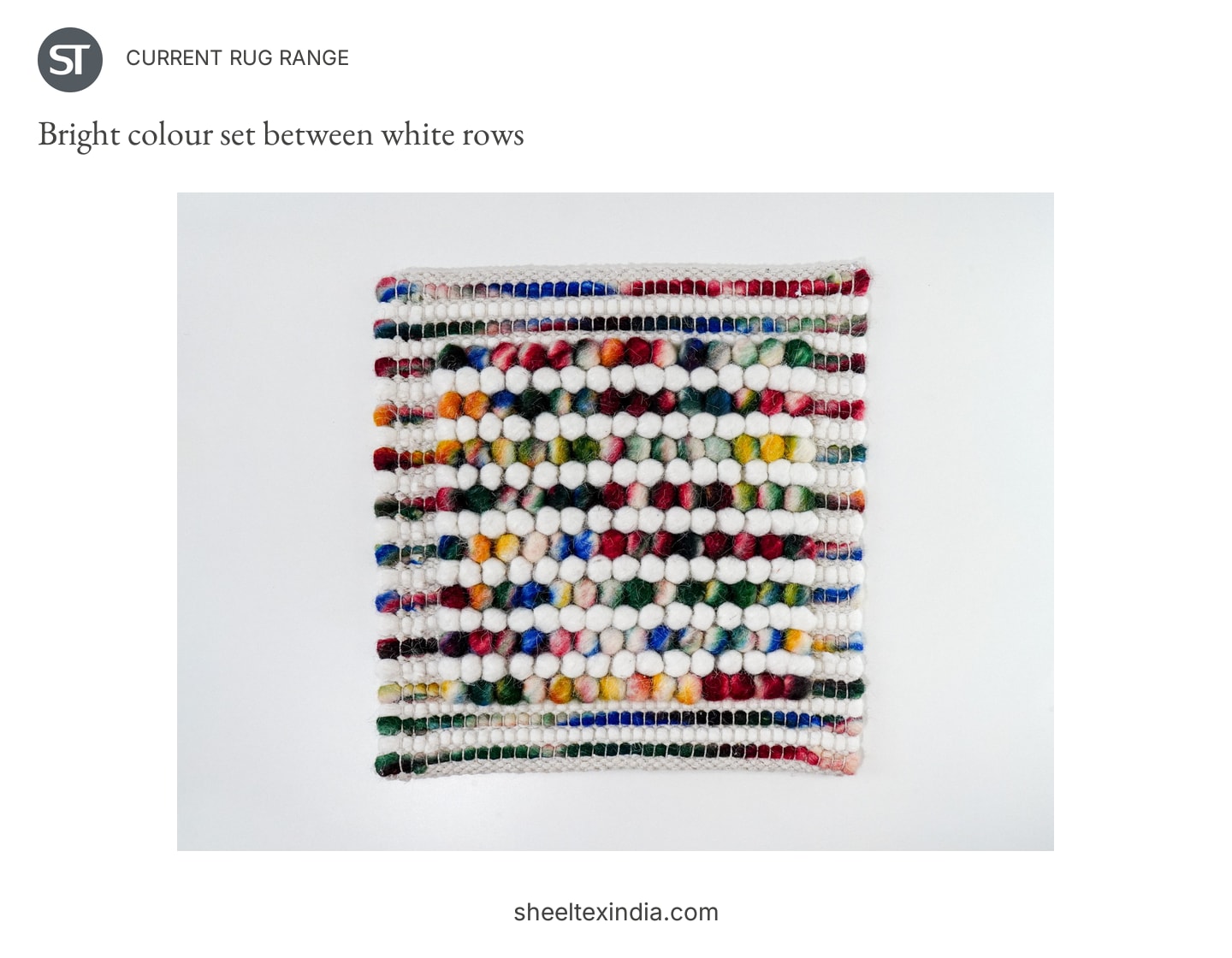 Wool and cotton rug sample with bright red, blue, green and yellow rows alternating with white rows.