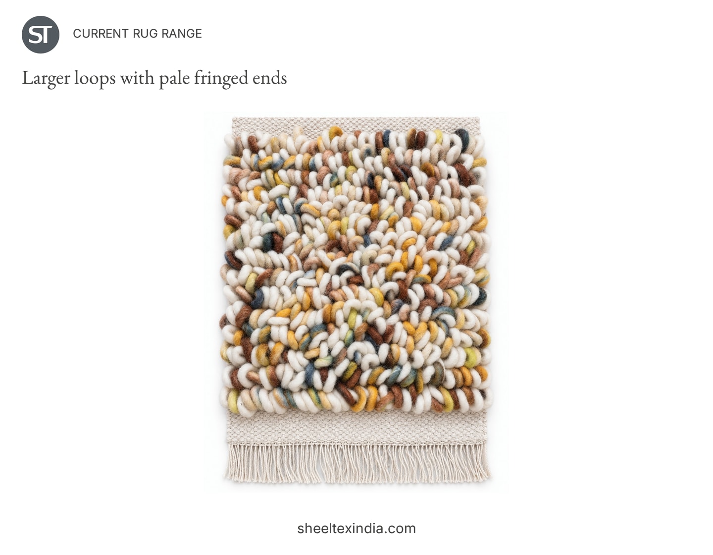 Rectangular wool rug sample with larger ivory, tan, mustard and blue-grey loops, pale end sections and fringe.