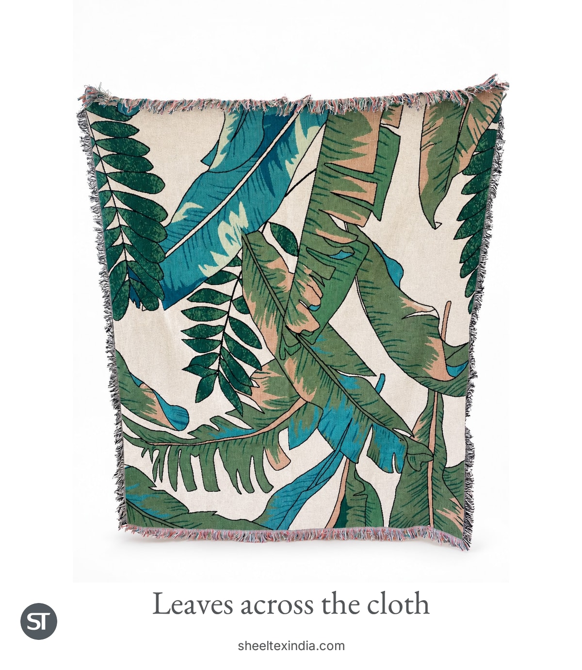 Full throw with overlapping green and teal leaves, dark outlines, pale clay patches, cream spaces and fringed edges.