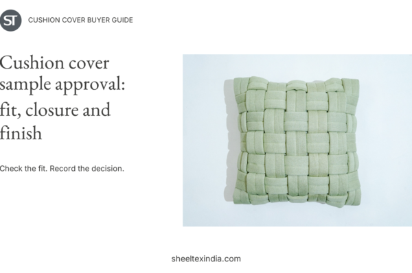 Pale green square cushion with broad interlaced fabric bands beside the cushion-cover sample approval title and ST branding.