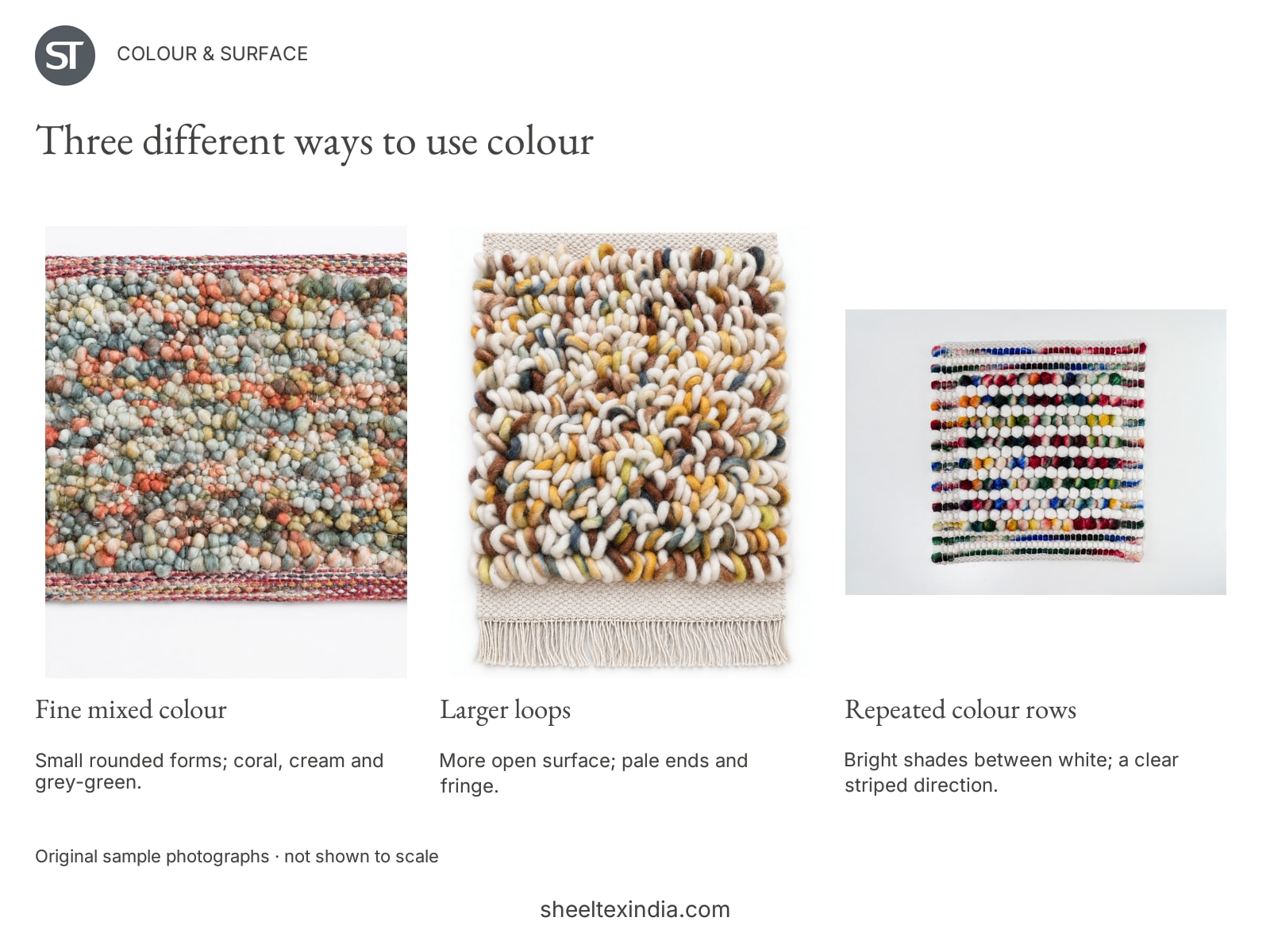 ST-branded photo comparison of three rug samples: fine mixed colour, larger loops with pale ends, and bright repeated rows; samples are not shown to scale.