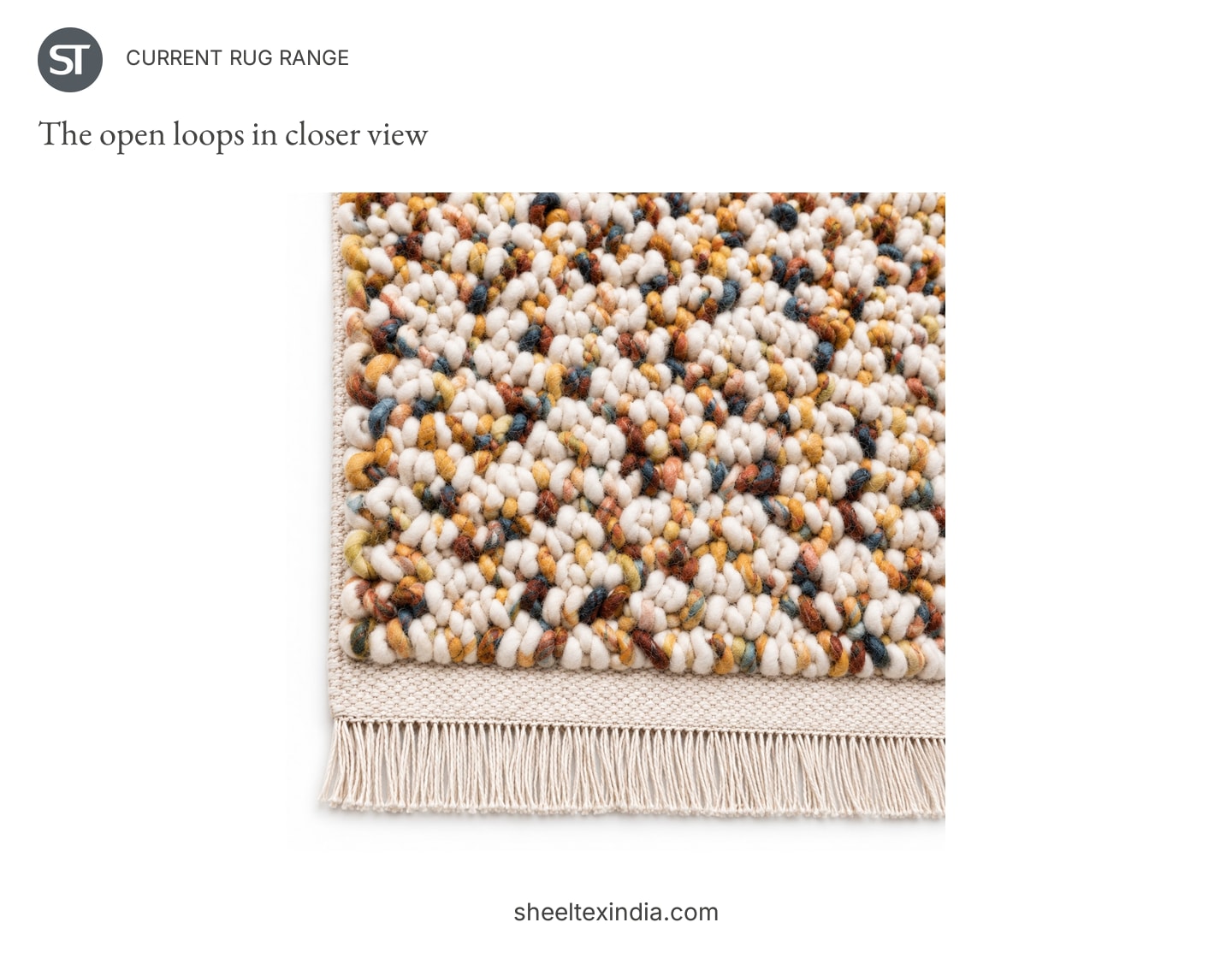 Close view of larger multicoloured loops and a pale fringed end on a rug sample.