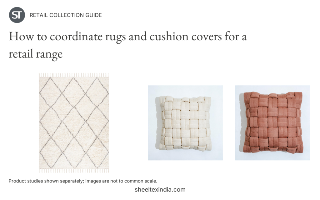 Sheeltex product comparison board with a cream diamond-pattern rug and separate ivory and terracotta interlaced cushion covers.