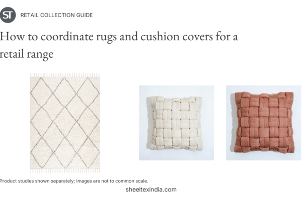 Sheeltex product comparison board with a cream diamond-pattern rug and separate ivory and terracotta interlaced cushion covers.