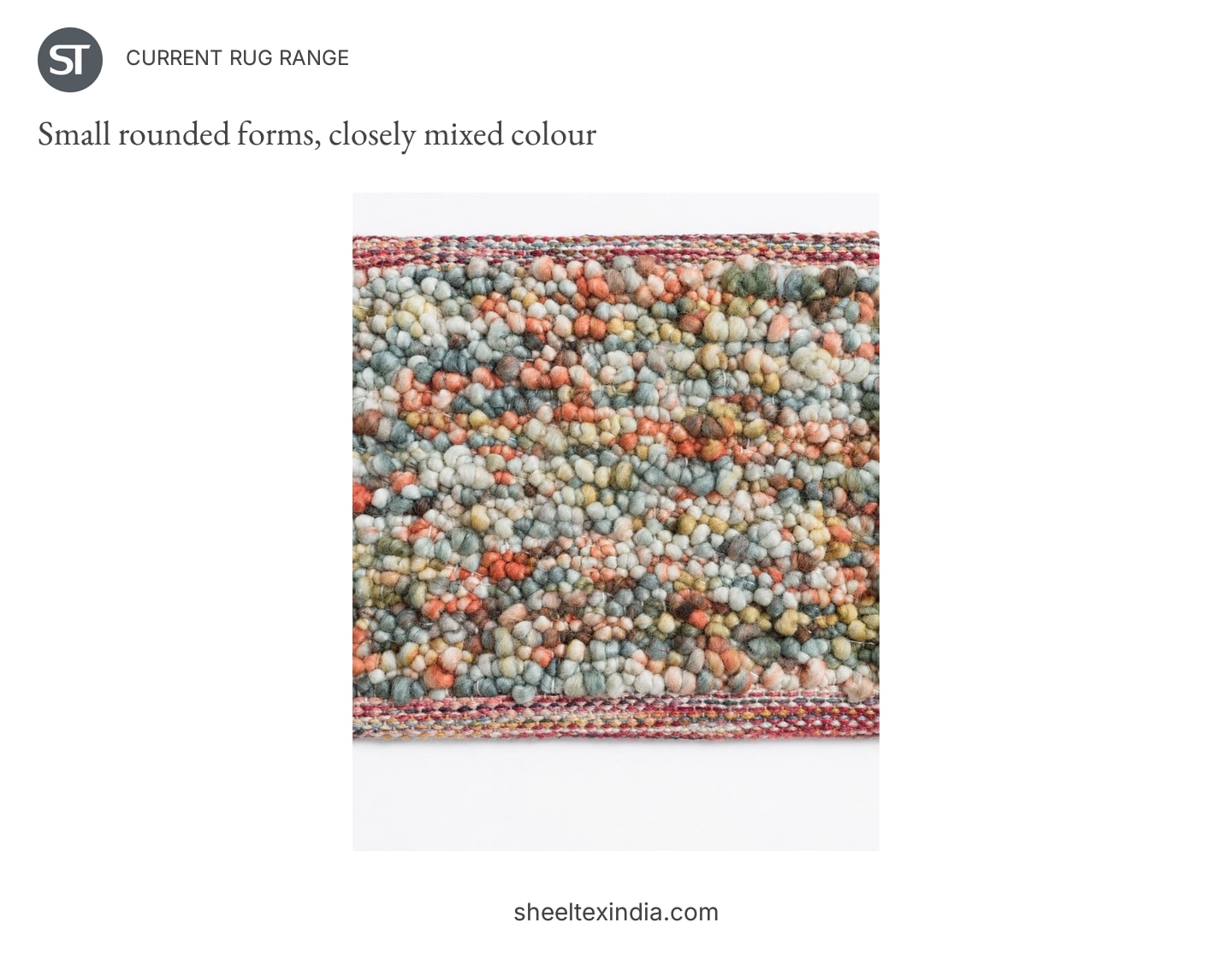 Wool rug sample with densely packed small rounded forms in coral, cream, grey-green and blue-grey, with narrow multicoloured edges.
