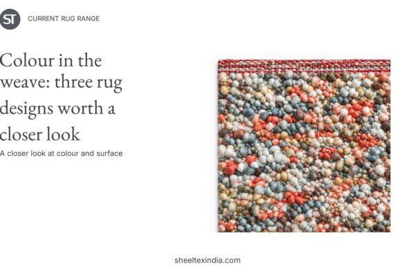 Close-up of a rug sample with small rounded coral, cream and grey-green forms beside the article title and ST branding.