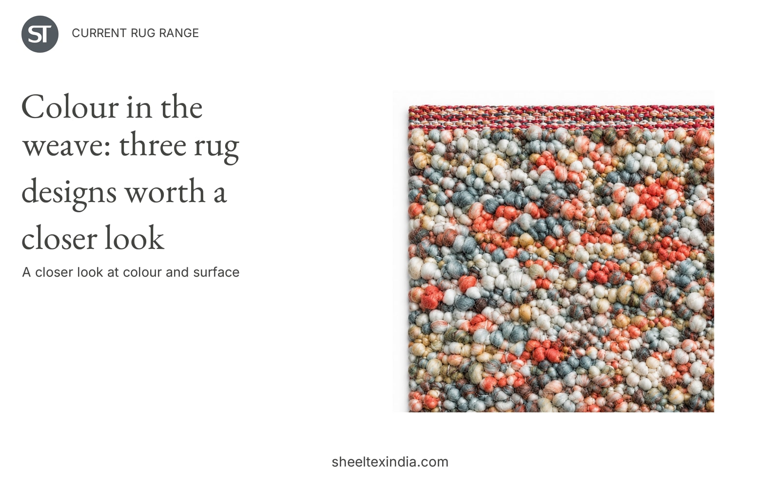 Close-up of a rug sample with small rounded coral, cream and grey-green forms beside the article title and ST branding.