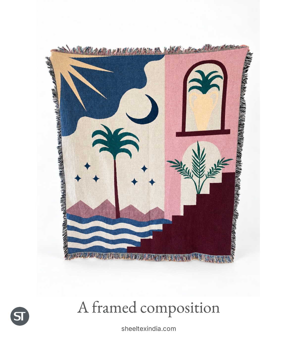 Full throw with navy rays and crescent, a green palm, a pink arched-vase panel, burgundy steps and multicoloured fringe.