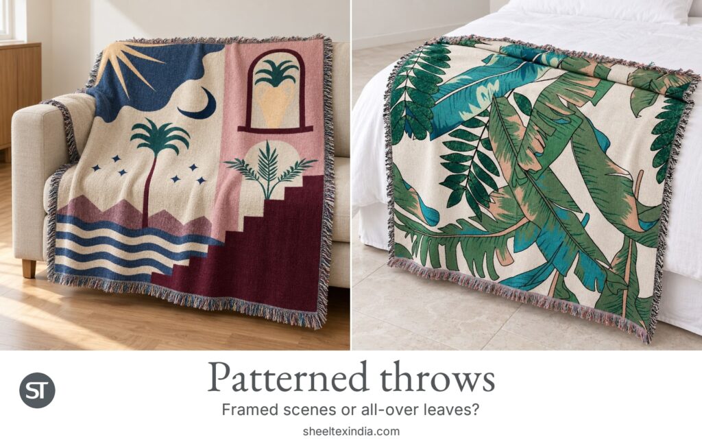 Pictorial throw over a cream chair beside a green and teal leaf-pattern throw draped on a bed, with ST branding.