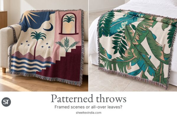 Pictorial throw over a cream chair beside a green and teal leaf-pattern throw draped on a bed, with ST branding.