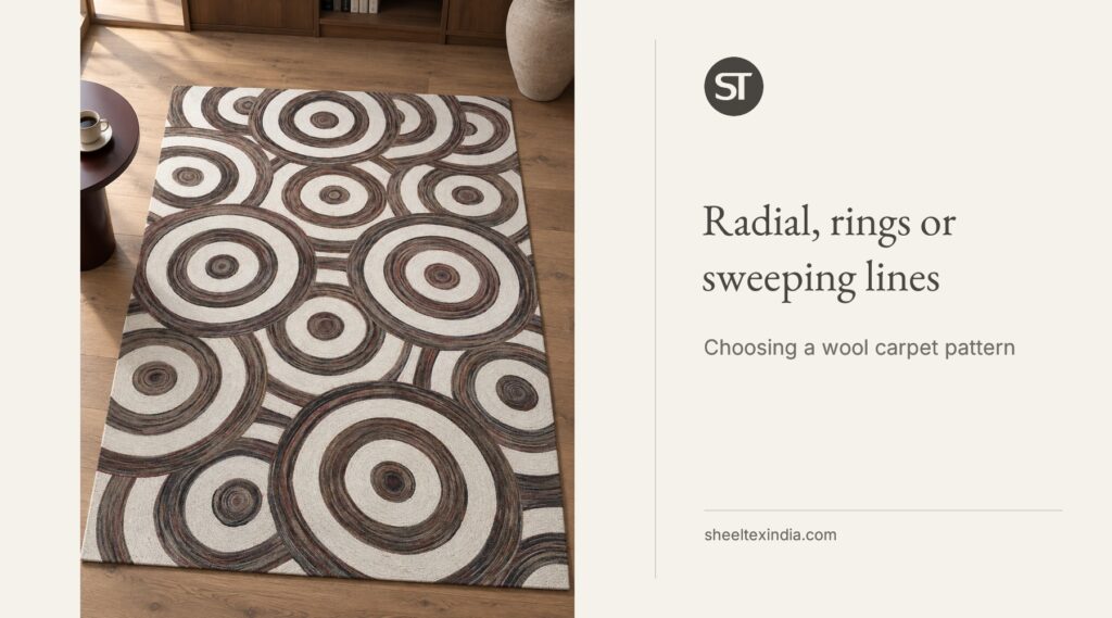Ivory wool carpet with broad brown rings in a living room; the article headline and authentic ST mark sit in a separate panel.