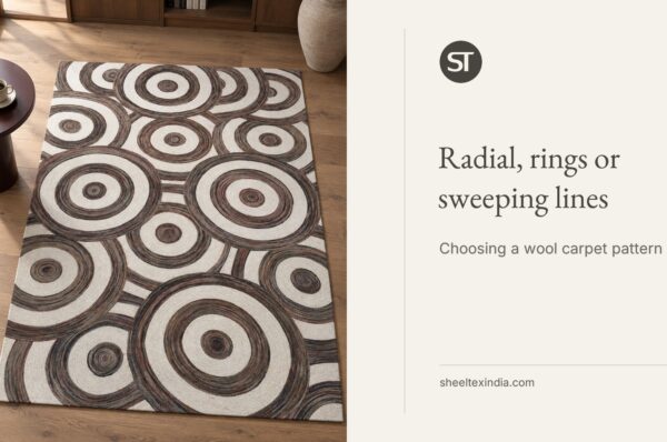 Ivory wool carpet with broad brown rings in a living room; the article headline and authentic ST mark sit in a separate panel.