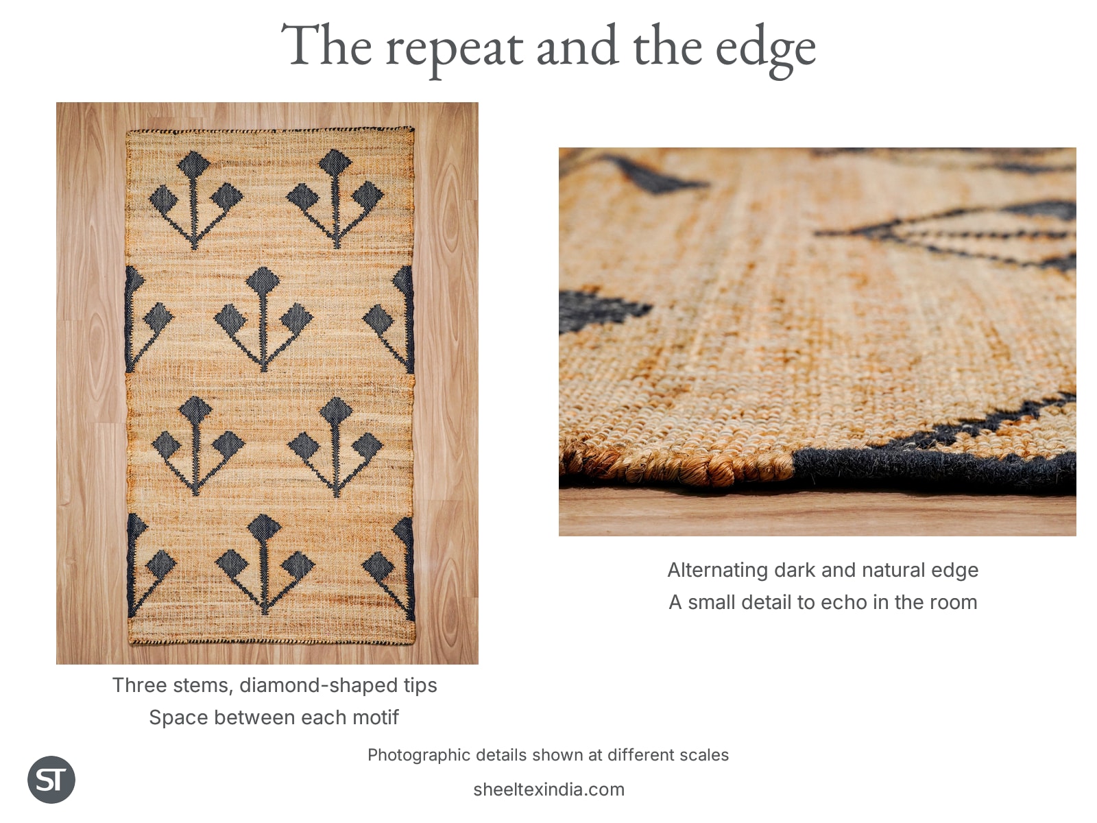 ST-branded photo plate shows the complete spaced botanical repeat and a closer view of the alternating dark and natural edge at different scales.